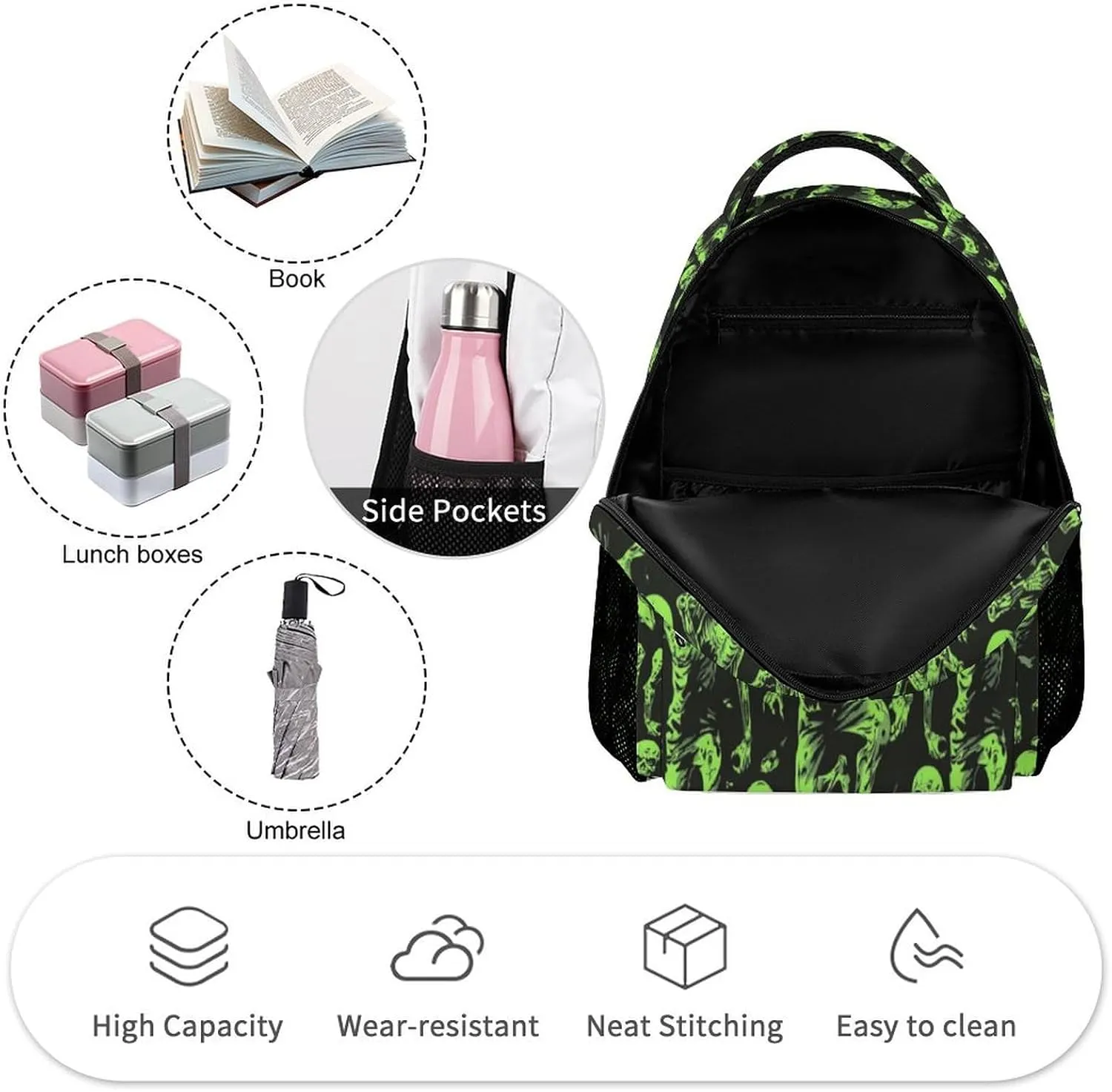 Zombie Backpack for Kids Girls Boys School, 16 Inches Scary Zombies Theme Bookbag, Adjustable, Lightweight, Large Capacity, Colorful Haunted Horror Backpack