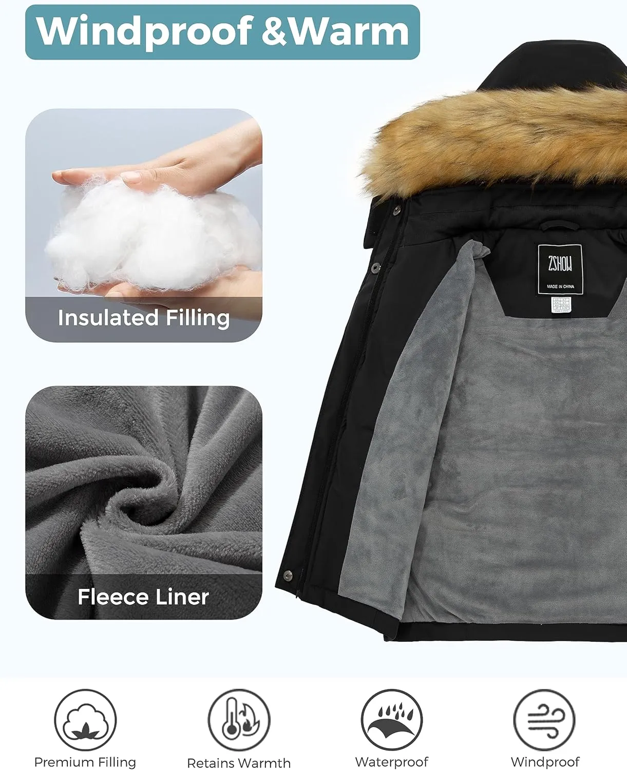 ZSHOW Girls' Ski Jacket Waterproof Warm Winter Coat Fleece Hooded Raincoat with Detachable Hood